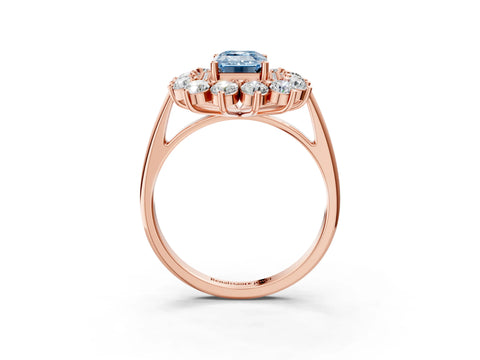 Rose gold Fancy Blue Emerald Cut Halo Cluster Diamond Ring with Pave Band and Four-Prong Setting_15