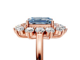 Rose gold Fancy Blue Emerald Cut Halo Cluster Diamond Ring with Pave Band and Four-Prong Setting_17