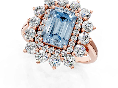 Rose gold Fancy Blue Emerald Cut Halo Cluster Diamond Ring with Pave Band and Four-Prong Setting_1
