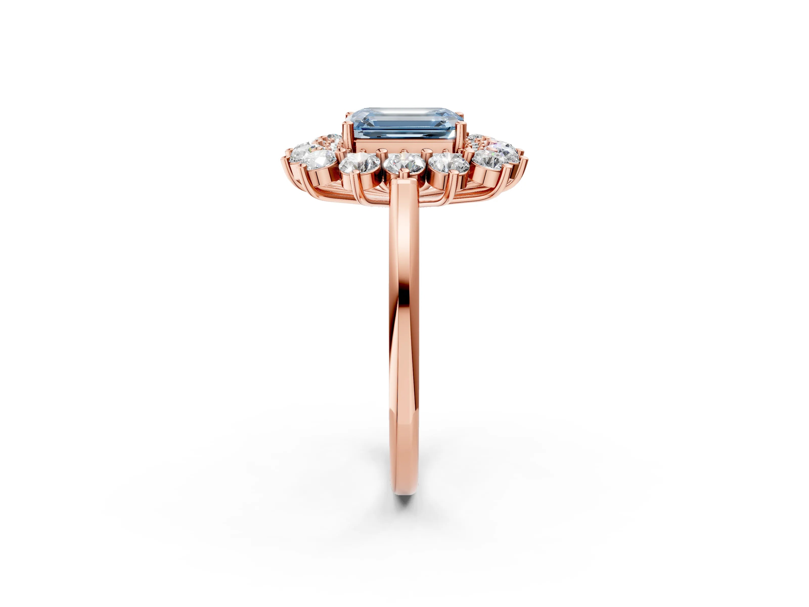Rose gold Fancy Blue Emerald Cut Halo Cluster Diamond Ring with Pave Band and Four-Prong Setting_2