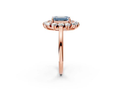 Rose gold Fancy Blue Emerald Cut Halo Cluster Diamond Ring with Pave Band and Four-Prong Setting_2