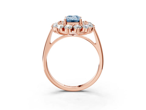 Rose gold Fancy Blue Emerald Cut Halo Cluster Diamond Ring with Pave Band and Four-Prong Setting_3