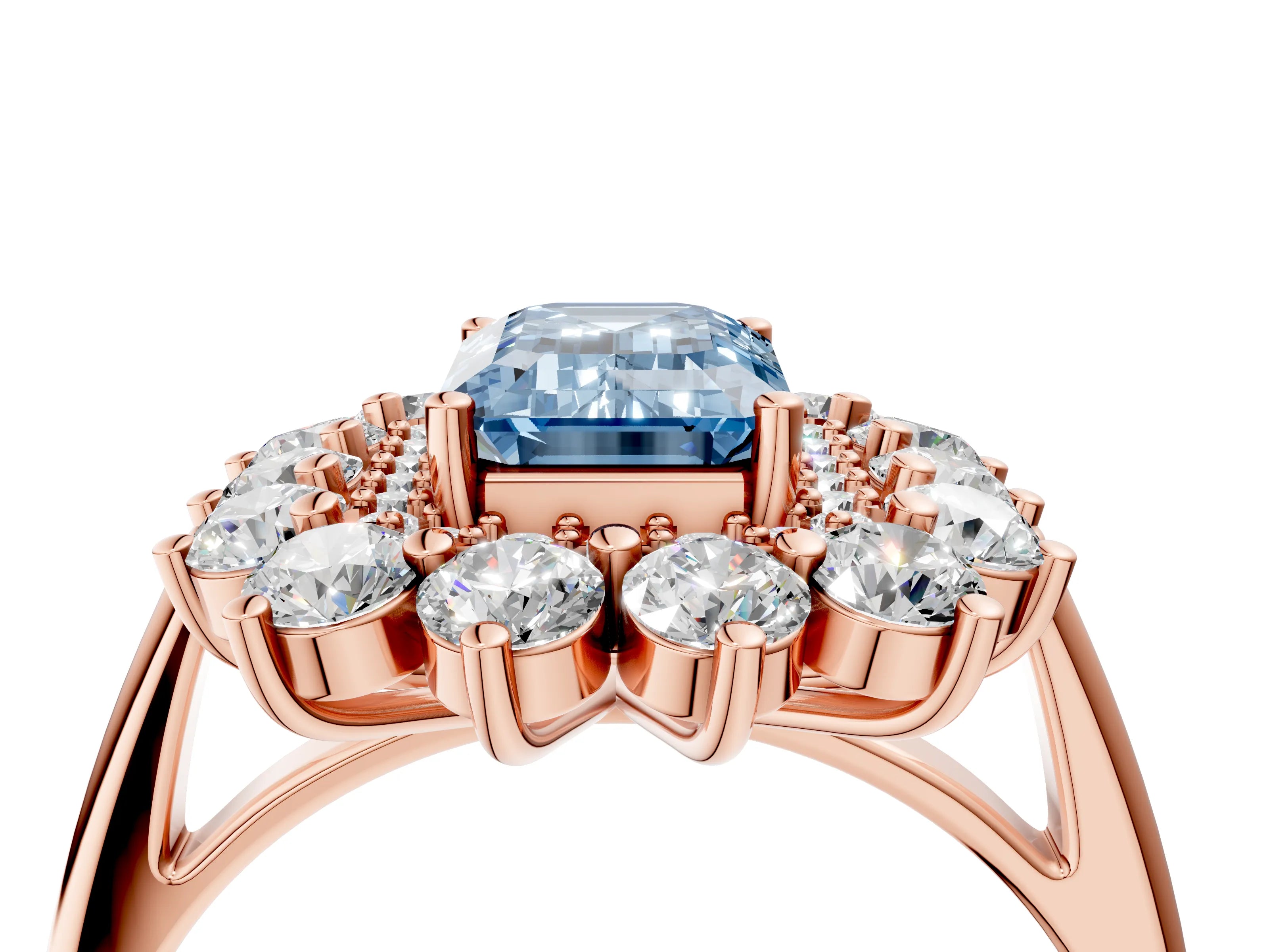 Rose gold Fancy Blue Emerald Cut Halo Cluster Diamond Ring with Pave Band and Four-Prong Setting_4