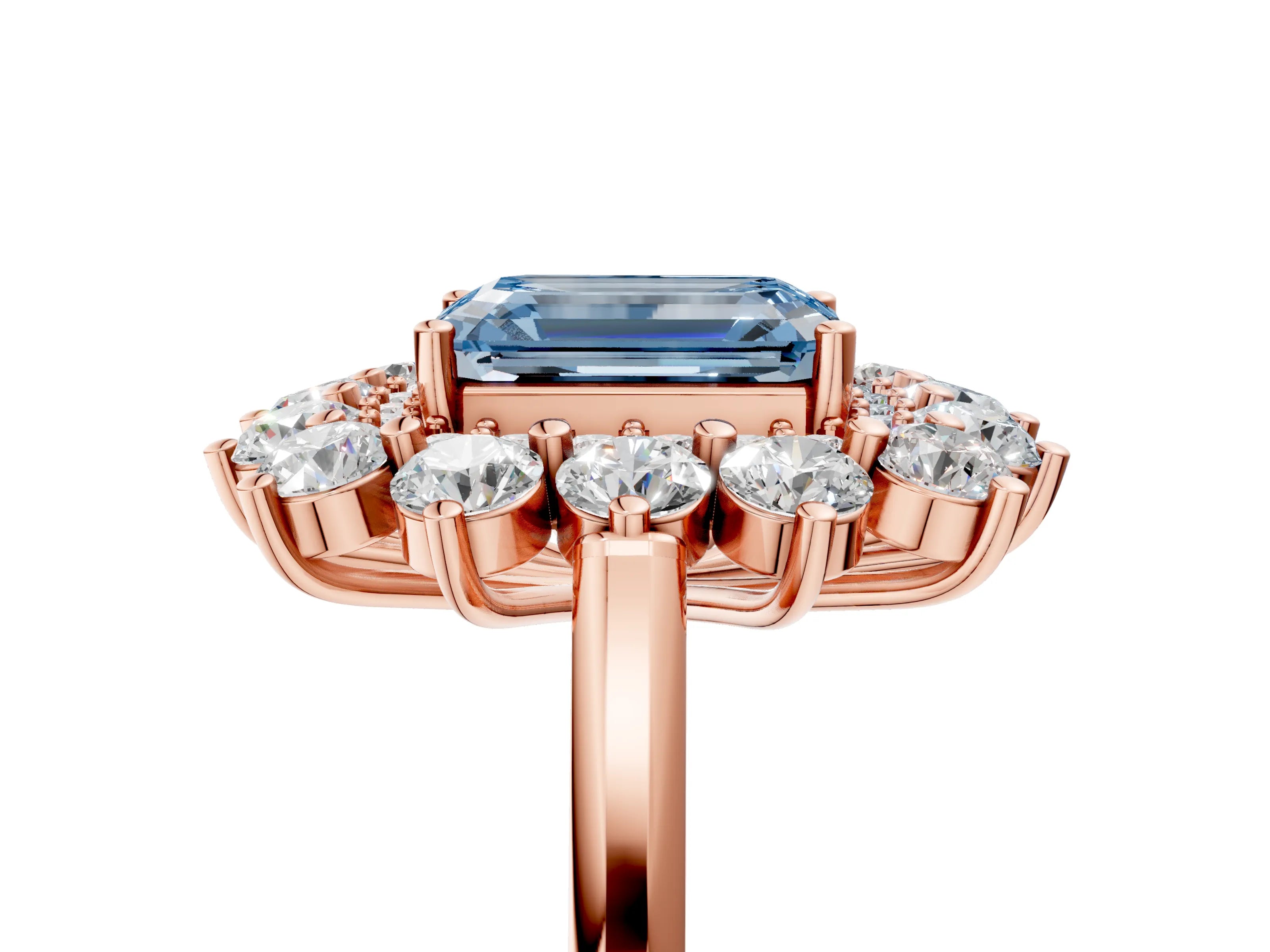 Rose gold Fancy Blue Emerald Cut Halo Cluster Diamond Ring with Pave Band and Four-Prong Setting_5