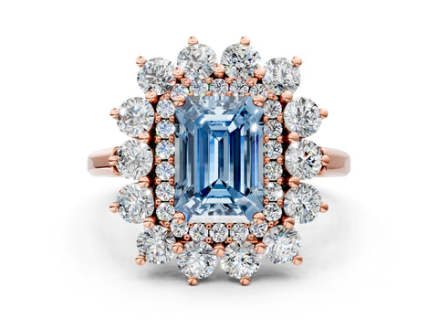 Rose gold Fancy Blue Emerald Cut Halo Cluster Diamond Ring with Pave Band and Four-Prong Setting