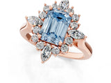 Rose gold Fancy Blue Emerald Cut Halo Diamond Cluster Ring with Marquise and Round Stones on a White Gold Band with Prong Setting_1