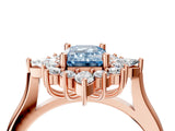 Rose gold Fancy Blue Emerald Cut Halo Diamond Cluster Ring with Marquise and Round Stones on a White Gold Band with Prong Setting_4