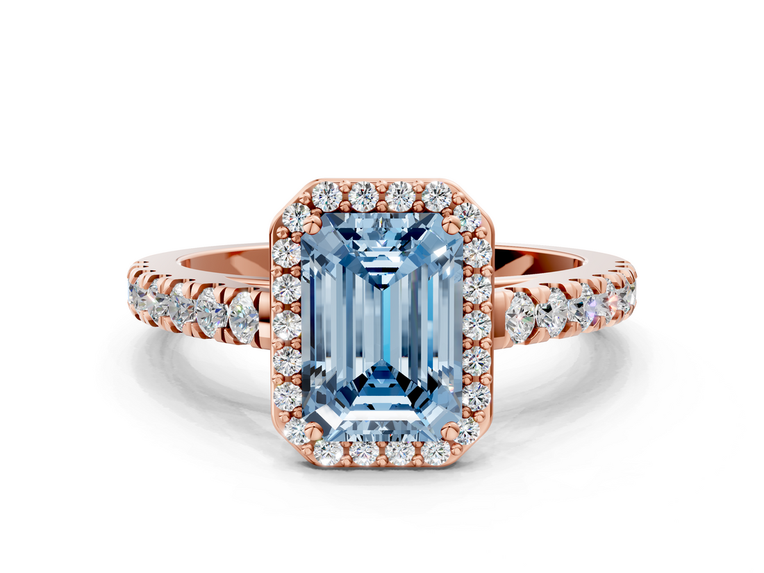 Rose gold Fancy Blue Emerald  Cut Halo Diamond Engagement Ring with Pave Band and Four-Prong Setting_28