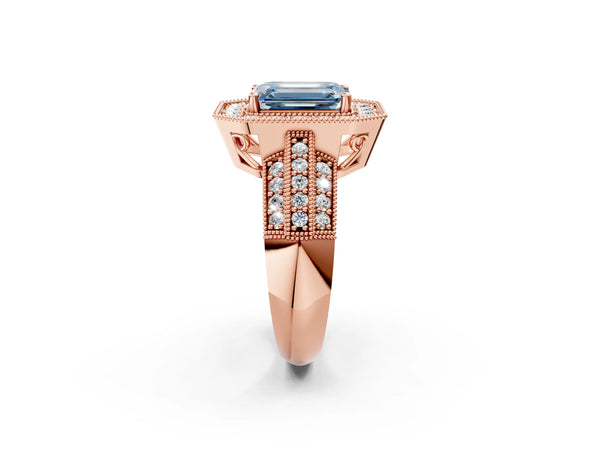 Rose gold Fancy Blue Emerald Cut Halo Diamond Engagement Ring with Pave Split Shank and Four-Prong Setting