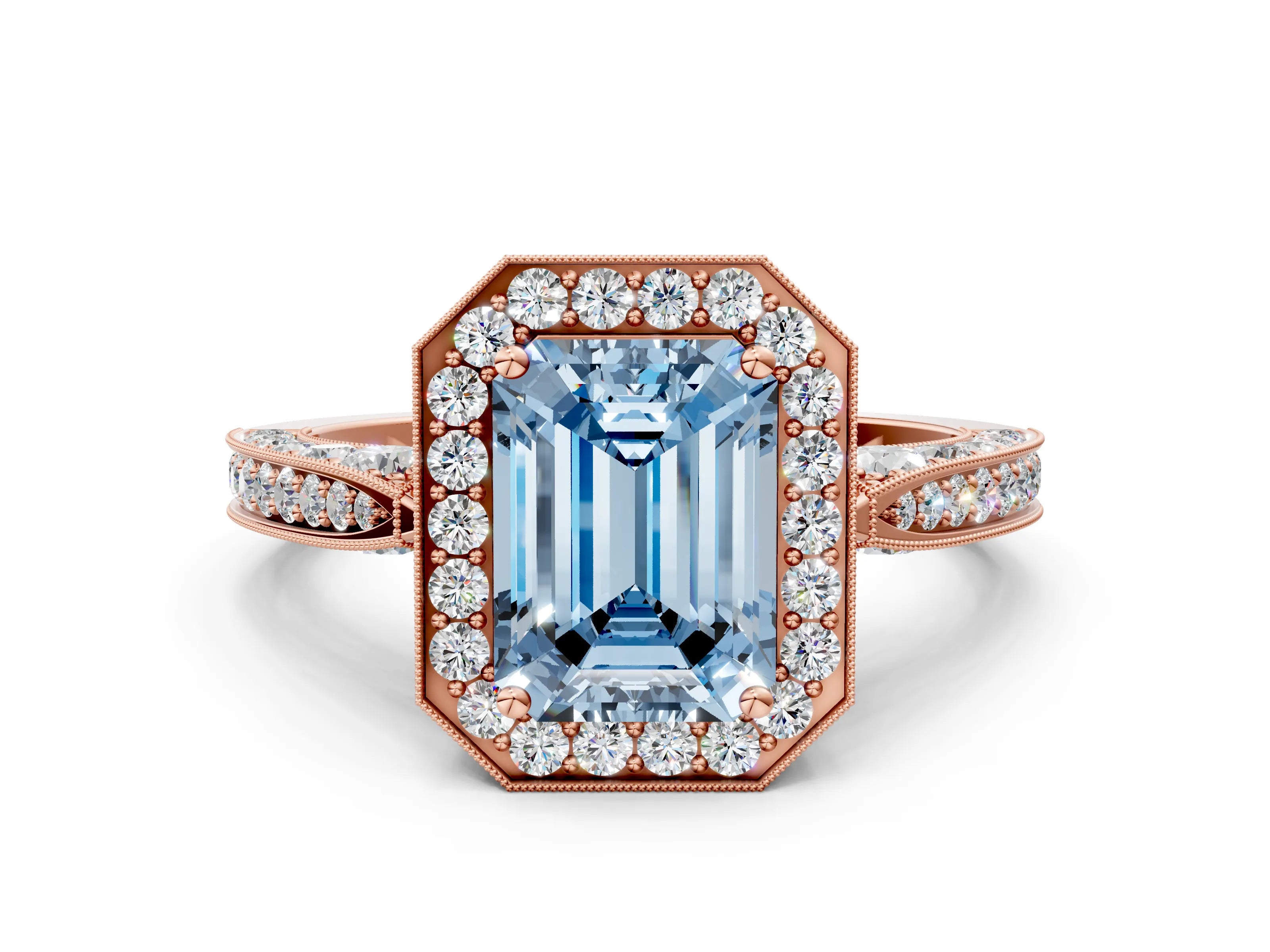 Rose gold Fancy Blue Emerald Cut Halo Diamond Engagement Ring with Split Shank Band and Four-Prong Setting