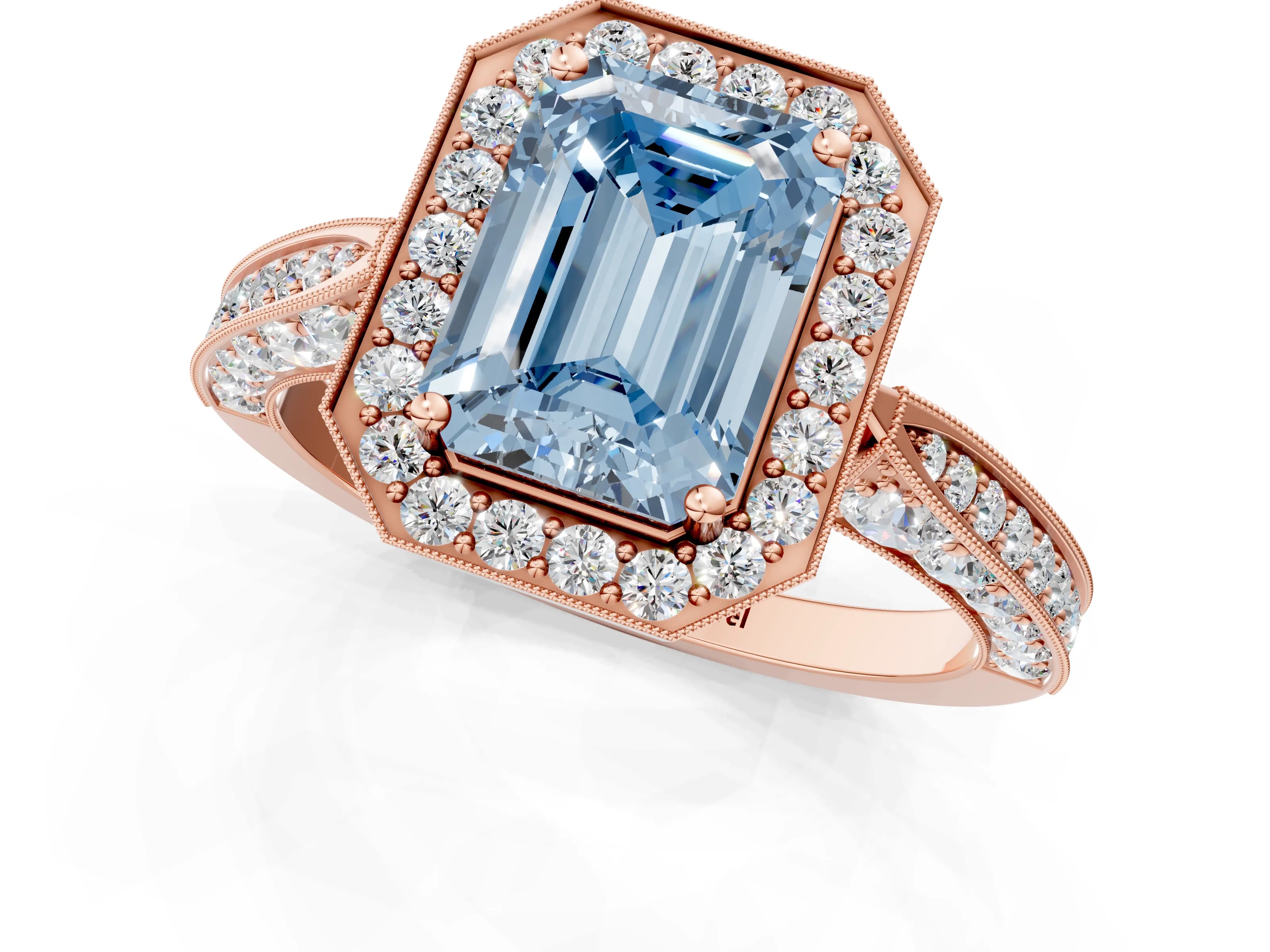 Rose gold Fancy Blue Emerald Cut Halo Diamond Engagement Ring with Split Shank Band and Four-Prong Setting_1