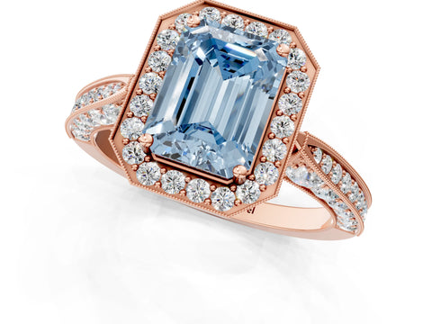 Rose gold Fancy Blue Emerald Cut Halo Diamond Engagement Ring with Split Shank Band and Four-Prong Setting_1