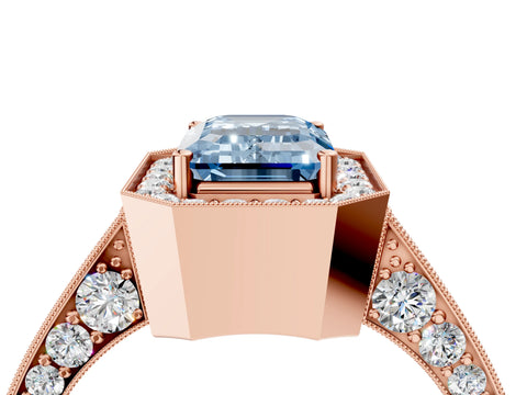 Rose gold Fancy Blue Emerald Cut Halo Diamond Engagement Ring with Split Shank Band and Four-Prong Setting_4