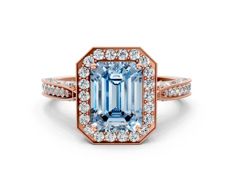Rose gold Fancy Blue Emerald Cut Halo Diamond Engagement Ring with Split Shank Band and Four-Prong Setting
