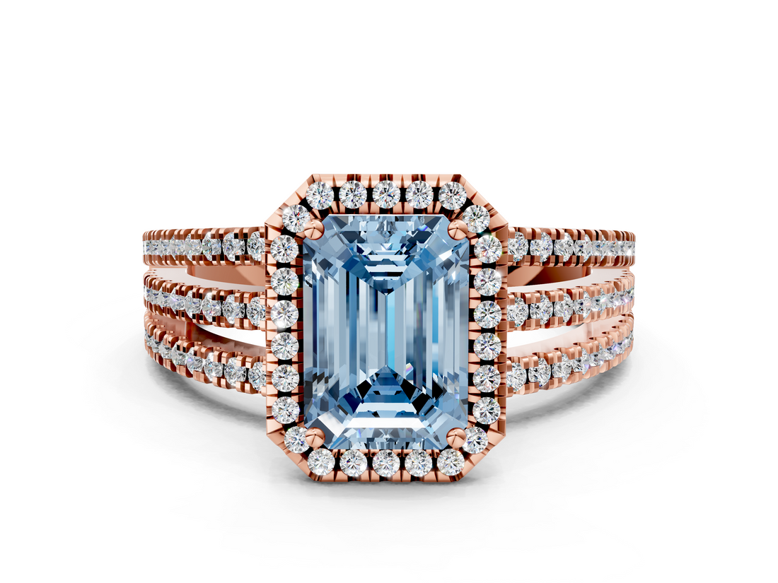 Rose gold Fancy Blue Emerald  Cut Halo Diamond Engagement Ring with Split Shank and Four-Prong Setting_20