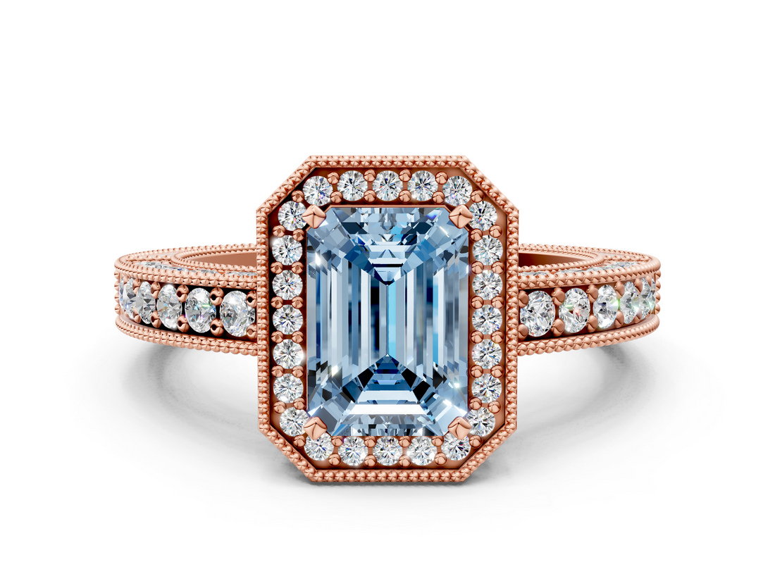 Rose gold Fancy Blue Emerald  Cut Halo Diamond Pave Band Ring with Four-Prong Setting_45