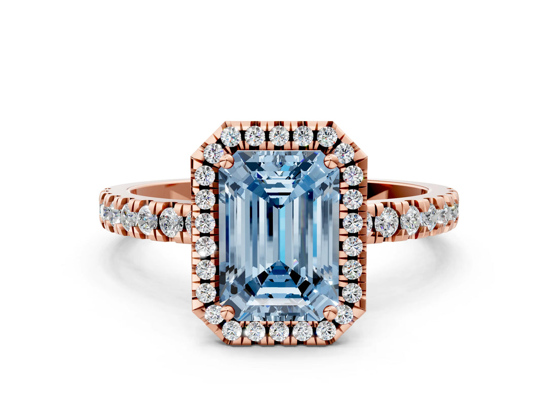 Rose gold Fancy Blue Emerald Cut Halo Diamond Pave Band with Prong Setting