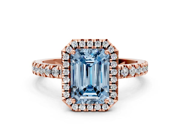 Rose gold Fancy Blue Emerald Cut Halo Diamond Pave Band with Prong Setting
