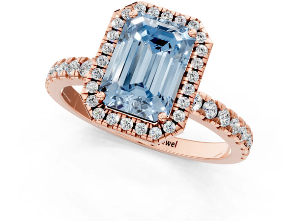 Rose gold Fancy Blue Emerald Cut Halo Diamond Pave Band with Prong Setting