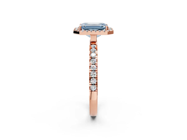 Rose gold Fancy Blue Emerald Cut Halo Diamond Pave Band with Prong Setting