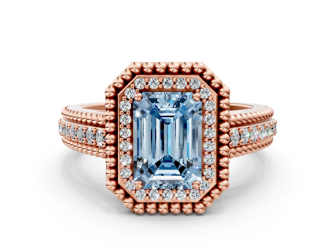 Rose gold Fancy Blue Emerald Cut Halo Diamond Ring with Beaded Split Shank and Four-Prong Setting