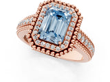 Rose gold Fancy Blue Emerald Cut Halo Diamond Ring with Beaded Split Shank and Four-Prong Setting_1