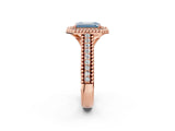 Rose gold Fancy Blue Emerald Cut Halo Diamond Ring with Beaded Split Shank and Four-Prong Setting_2