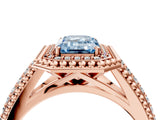 Rose gold Fancy Blue Emerald Cut Halo Diamond Ring with Beaded Split Shank and Four-Prong Setting_4