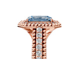 Rose gold Fancy Blue Emerald Cut Halo Diamond Ring with Beaded Split Shank and Four-Prong Setting_5
