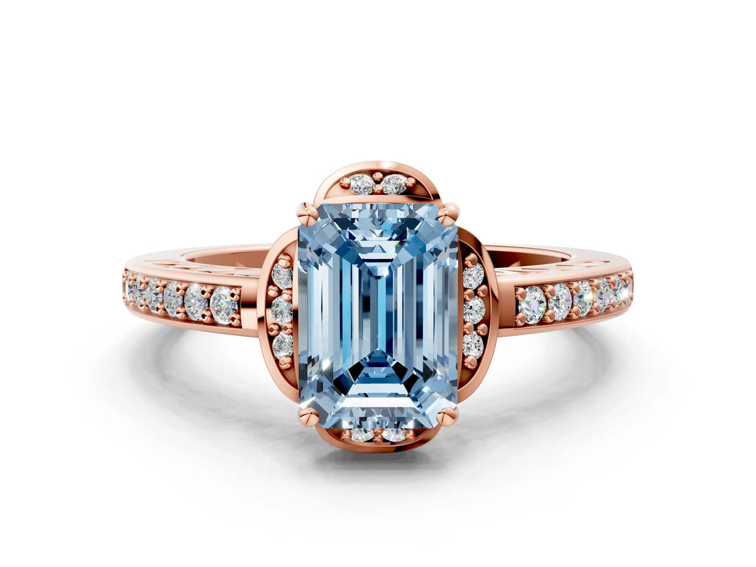 Rose gold Fancy Blue Emerald  Cut Halo Diamond Ring with Channel Set Band and Four-Prong Setting_32