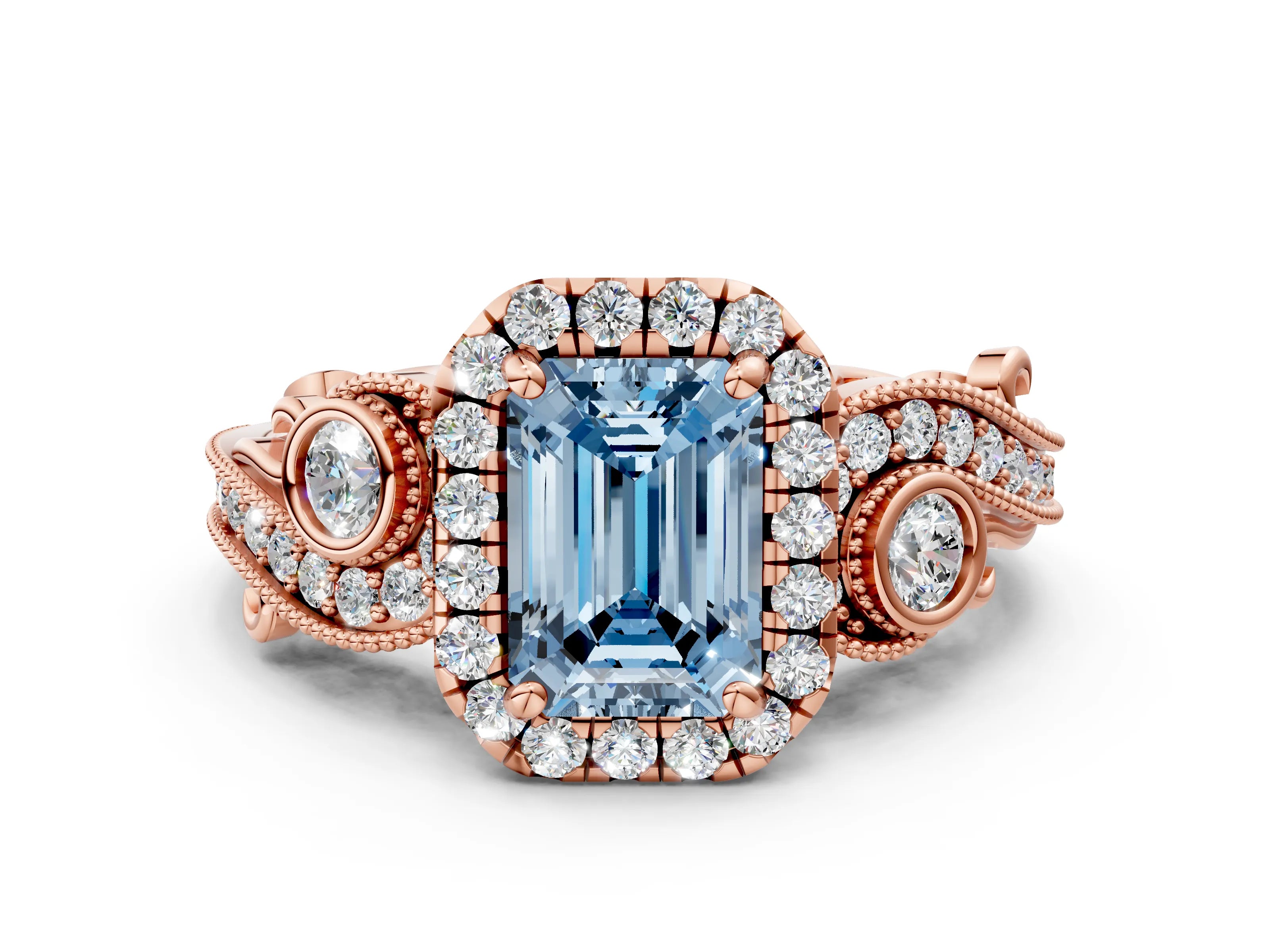 Rose gold Fancy Blue Emerald Cut Halo Diamond Ring with Milgrain and Bezel Accents on a Split Shank Band
