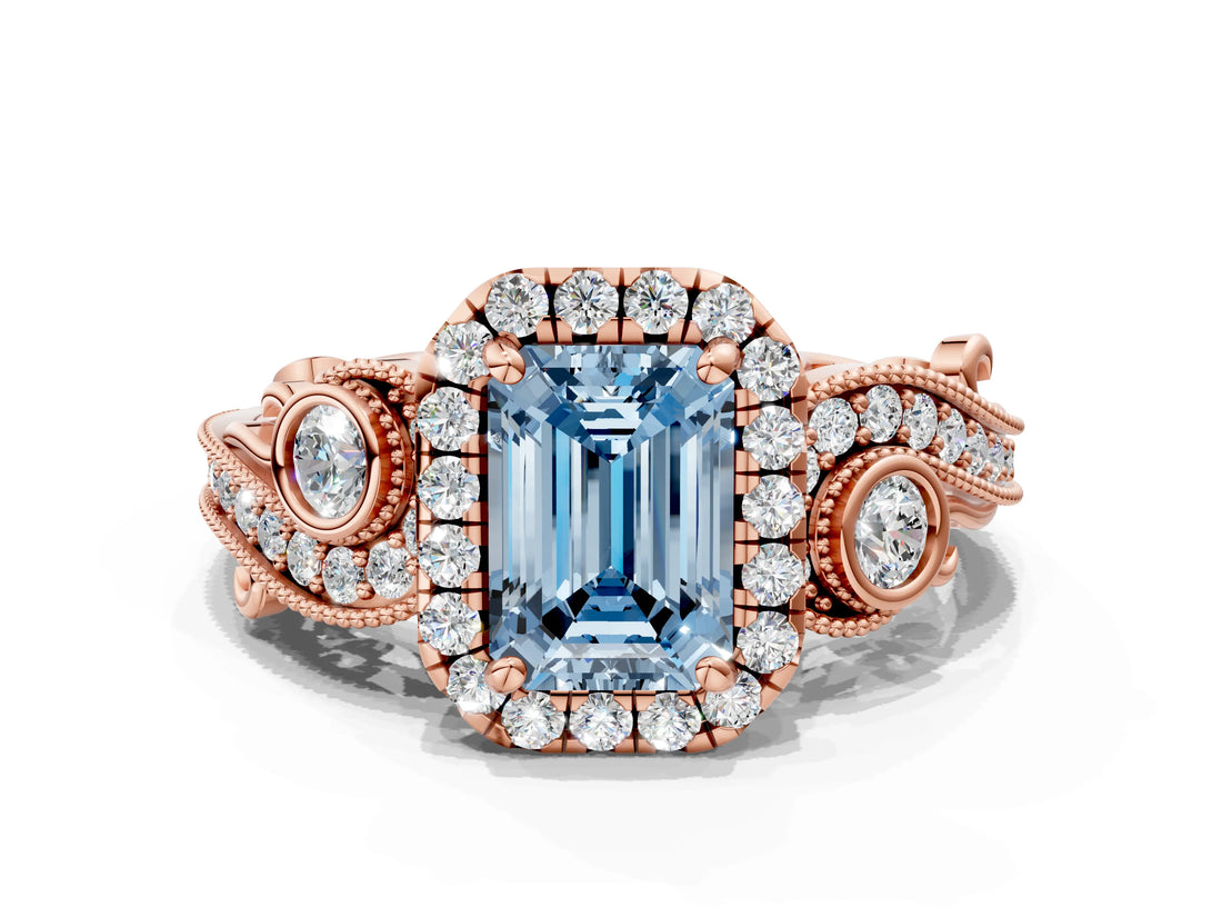 Rose gold Fancy Blue Emerald Cut Halo Diamond Ring with Milgrain and Bezel Accents on a Split Shank Band_12