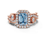 Rose gold Fancy Blue Emerald Cut Halo Diamond Ring with Milgrain and Bezel Accents on a Split Shank Band_12