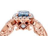 Rose gold Fancy Blue Emerald Cut Halo Diamond Ring with Milgrain and Bezel Accents on a Split Shank Band_16