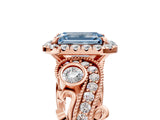 Rose gold Fancy Blue Emerald Cut Halo Diamond Ring with Milgrain and Bezel Accents on a Split Shank Band_17