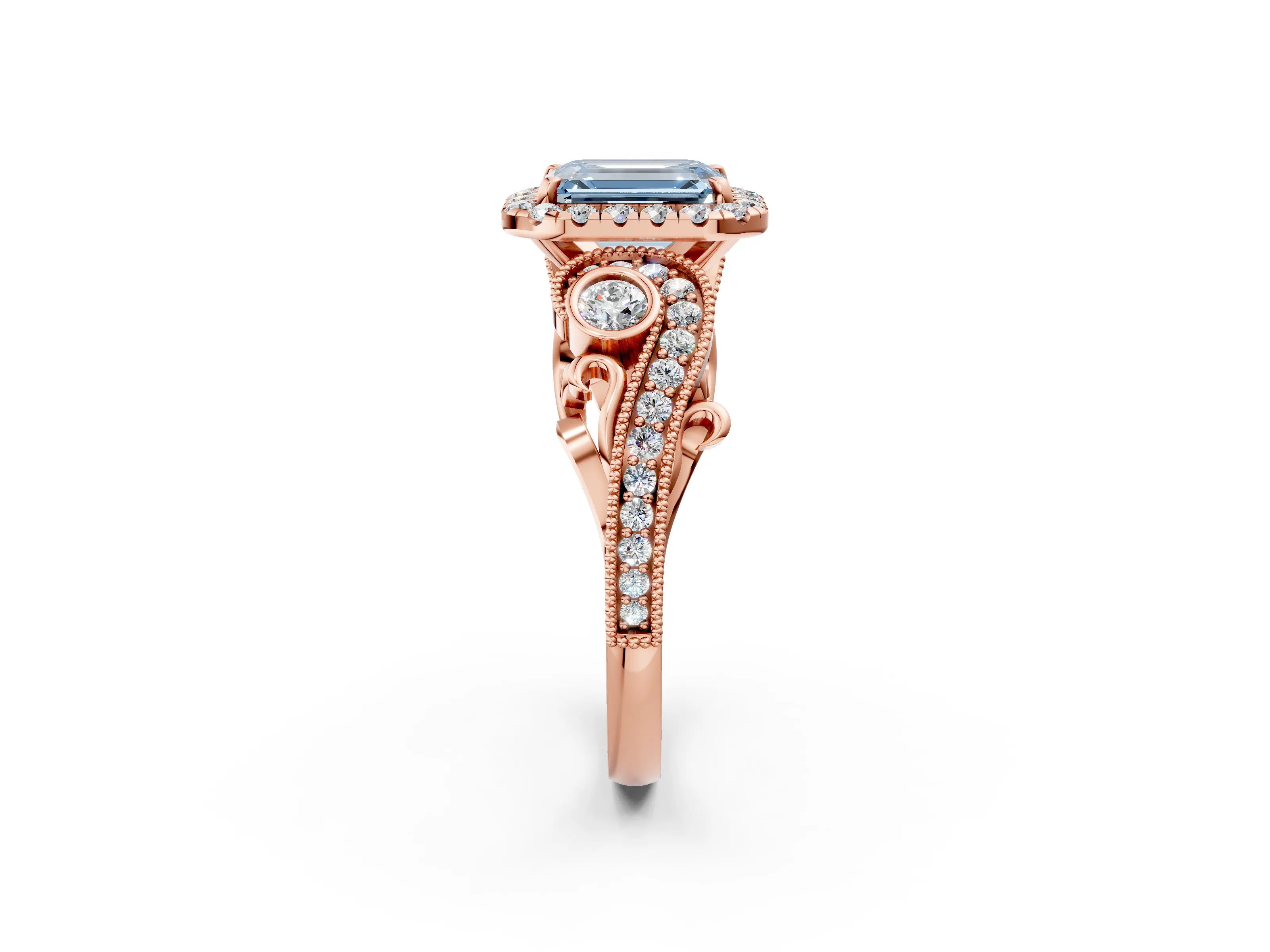 Rose gold Fancy Blue Emerald Cut Halo Diamond Ring with Milgrain and Bezel Accents on a Split Shank Band_2