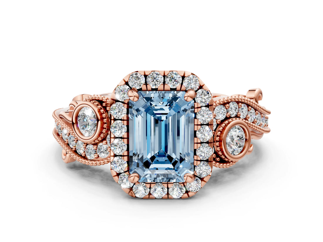 Rose gold Fancy Blue Emerald Cut Halo Diamond Ring with Milgrain and Bezel Accents on a Split Shank Band_24