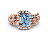Rose gold Fancy Blue Emerald Cut Halo Diamond Ring with Milgrain and Bezel Accents on a Split Shank Band_24