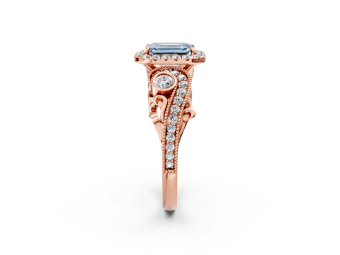 Rose gold Fancy Blue Emerald Cut Halo Diamond Ring with Milgrain and Bezel Accents on a Split Shank Band_2