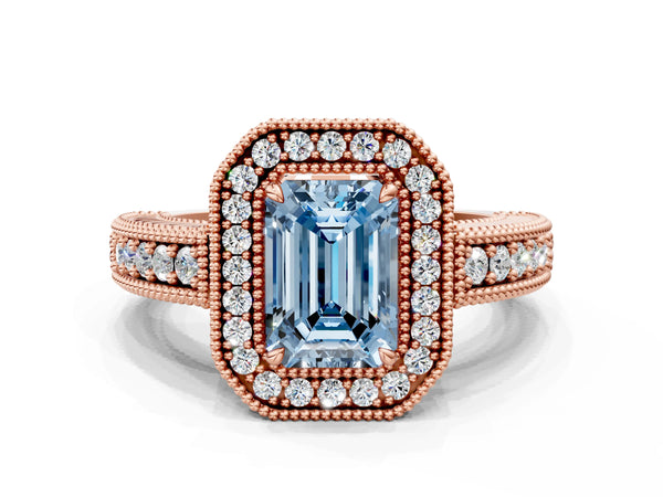 Rose gold Fancy Blue Emerald  Cut Halo Diamond Ring with Pavé Band and Four-Prong Setting