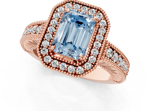 Rose gold Fancy Blue Emerald  Cut Halo Diamond Ring with Pavé Band and Four-Prong Setting