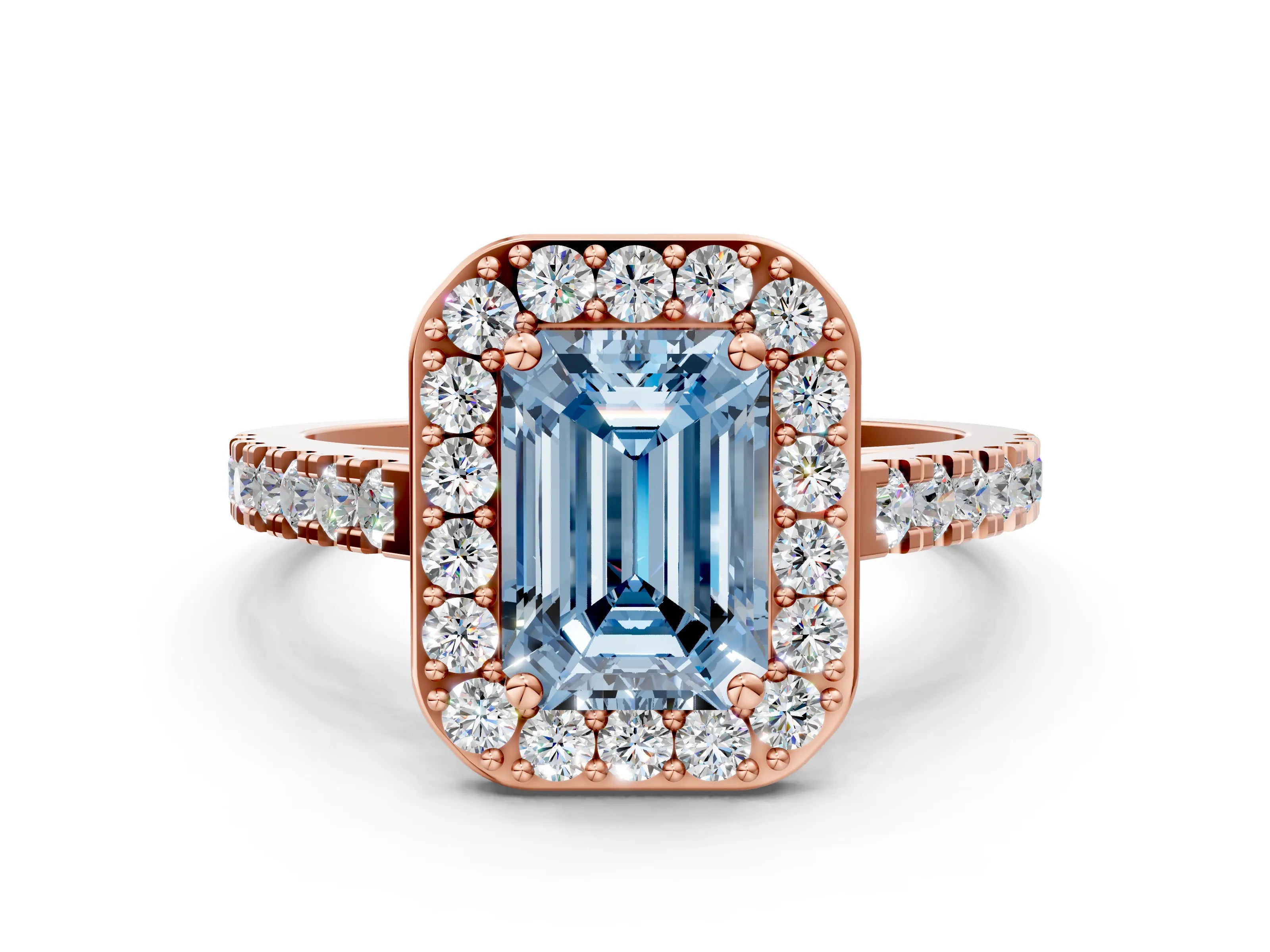 Rose gold Fancy Blue Emerald Cut Halo Diamond Ring with Pavé Band and Three-Prong Setting