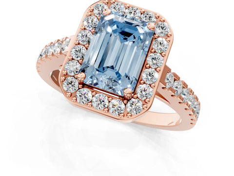 Rose gold Fancy Blue Emerald Cut Halo Diamond Ring with Pavé Band and Three-Prong Setting_1