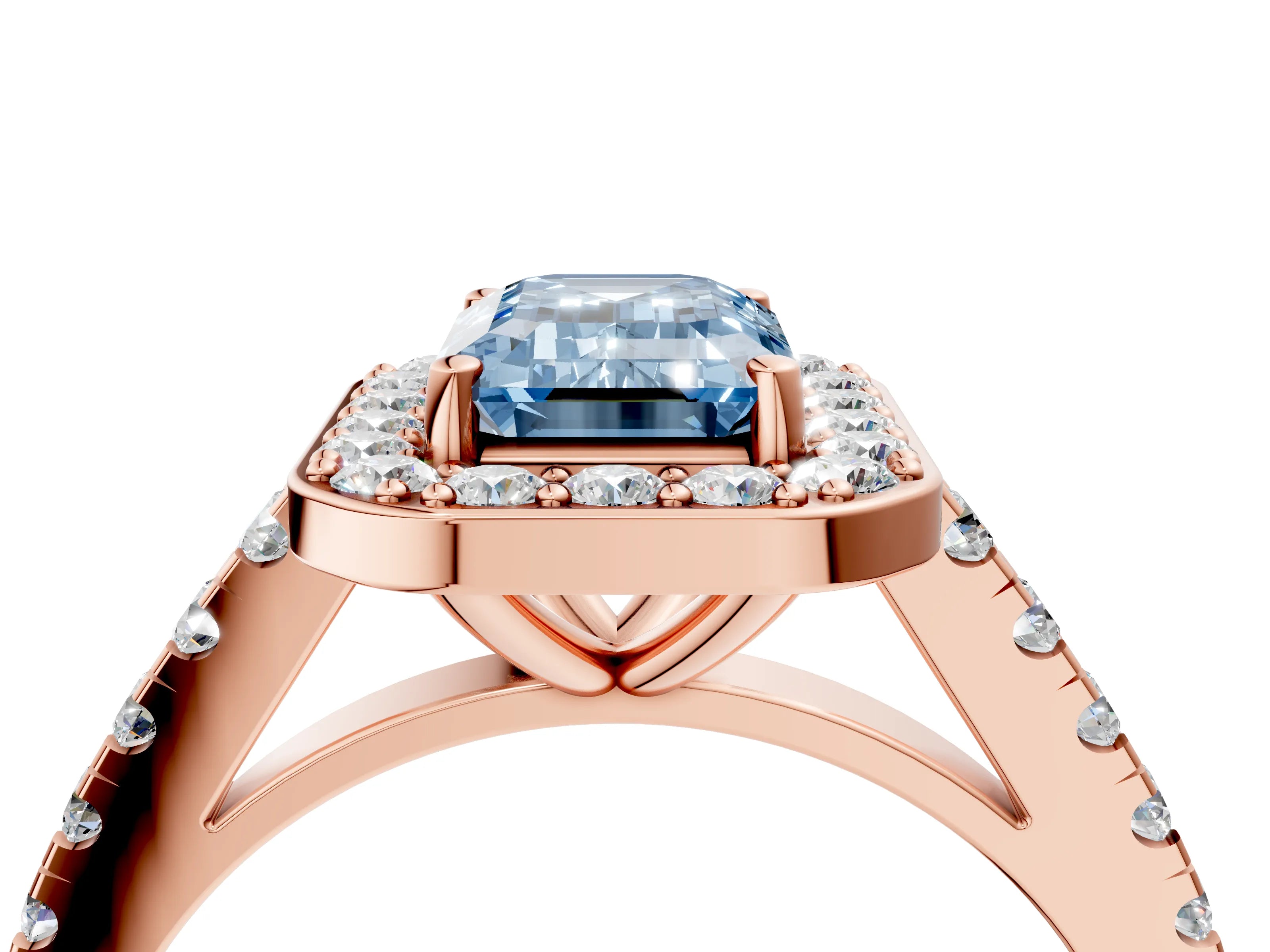 Rose gold Fancy Blue Emerald Cut Halo Diamond Ring with Pavé Band and Three-Prong Setting_4