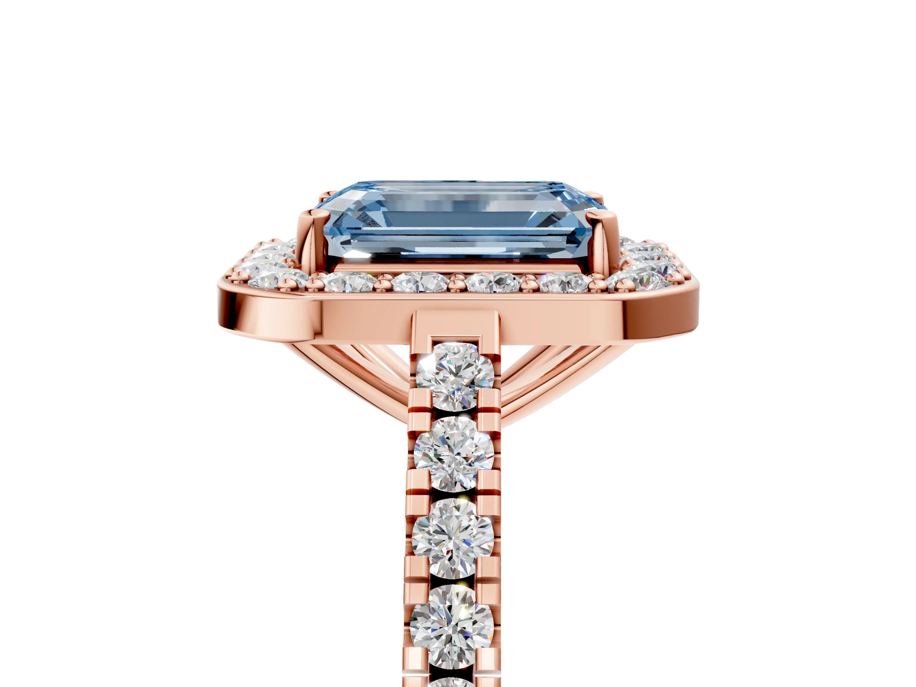 Rose gold Fancy Blue Emerald Cut Halo Diamond Ring with Pavé Band and Three-Prong Setting_5