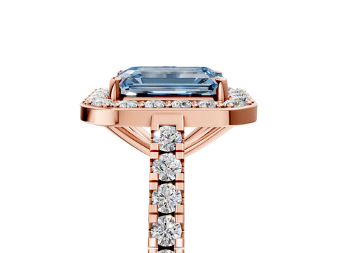 Rose gold Fancy Blue Emerald Cut Halo Diamond Ring with Pavé Band and Three-Prong Setting_5