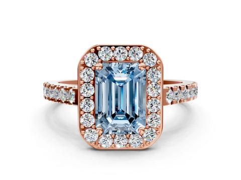 Rose gold Fancy Blue Emerald Cut Halo Diamond Ring with Pavé Band and Three-Prong Setting