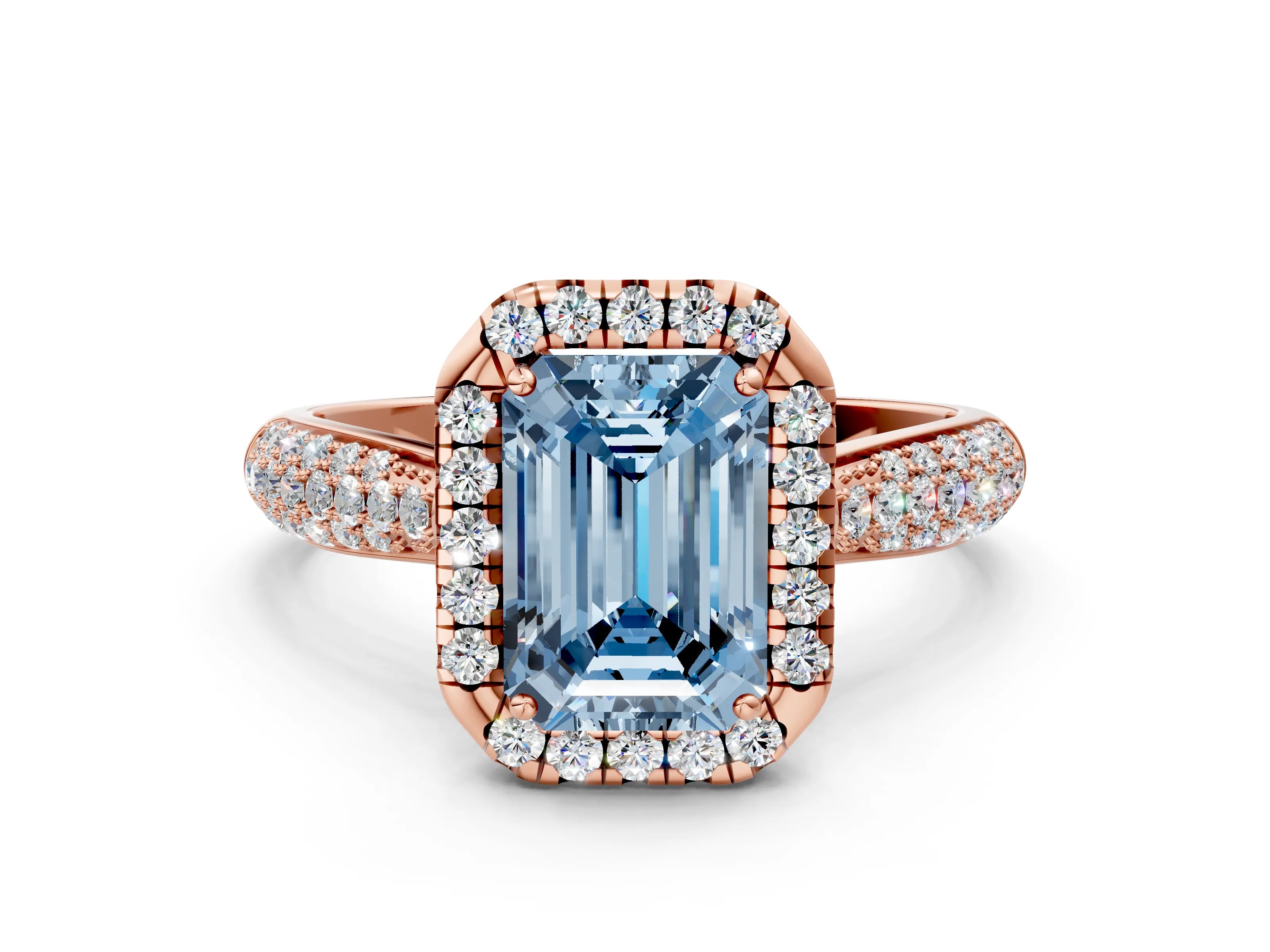 Rose gold Fancy Blue Emerald Cut Halo Diamond Ring with Pavé Band