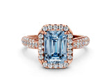 Rose gold Fancy Blue Emerald Cut Halo Diamond Ring with Pavé Band