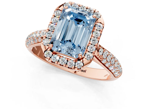Rose gold Fancy Blue Emerald Cut Halo Diamond Ring with Pavé Band_1